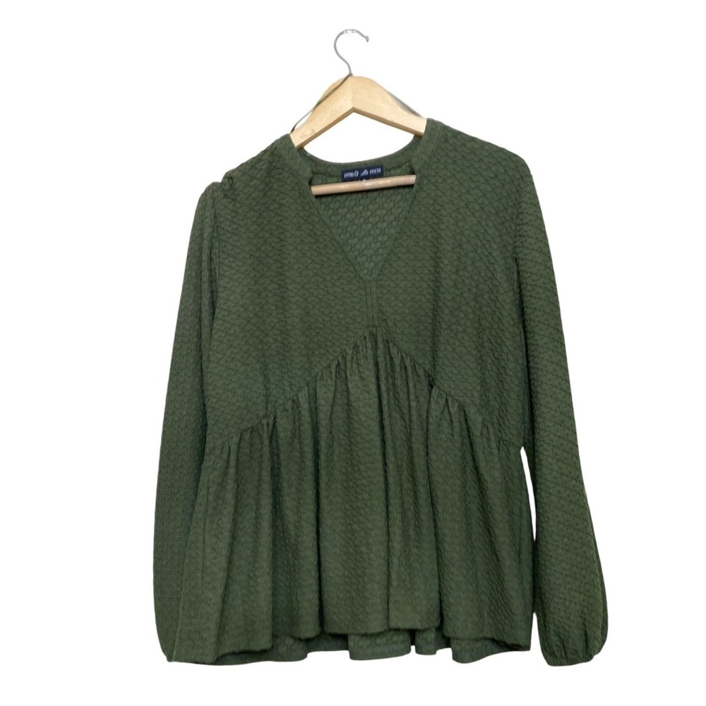 Kim & Cami Olive Green Textured Babydoll Peplum Long‎ Sleeve Top Medium A2542